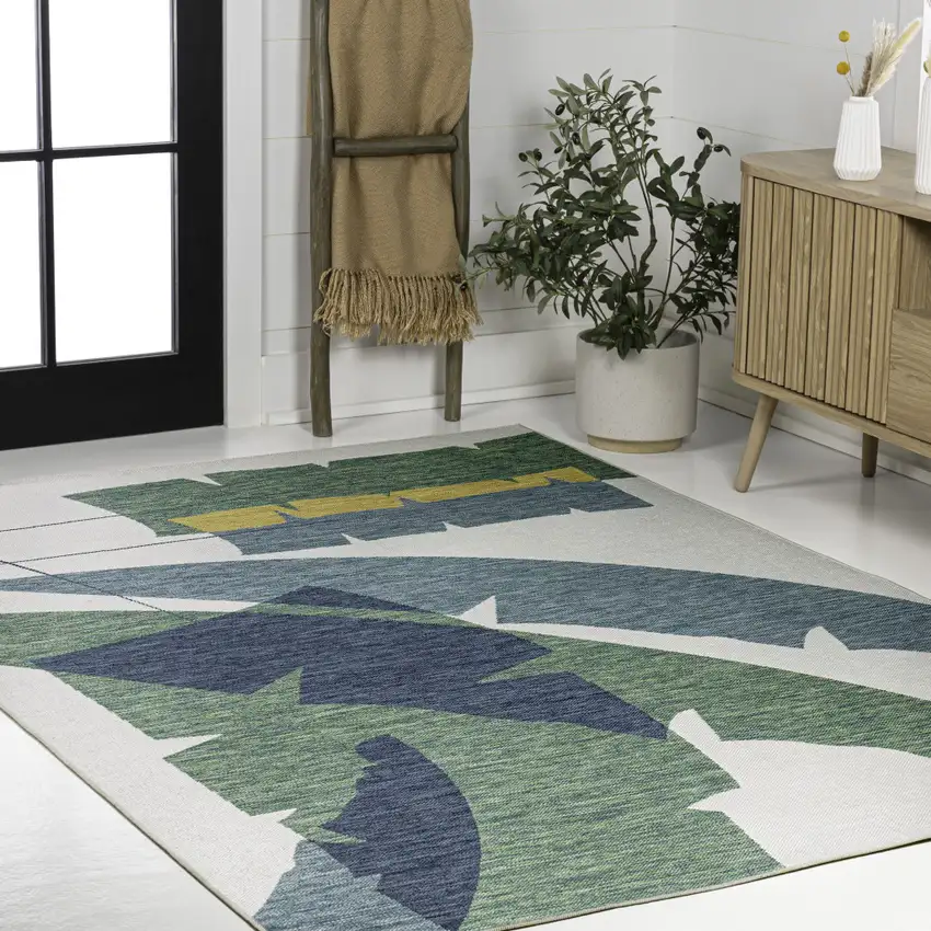 Green And Cream Abstract Indoor Outdoor Area Rug Photo 5