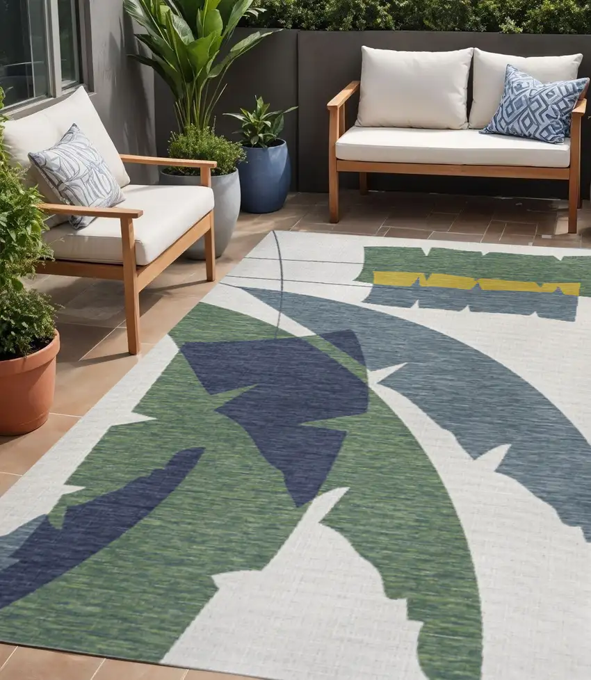 Green And Cream Abstract Indoor Outdoor Area Rug Photo 1