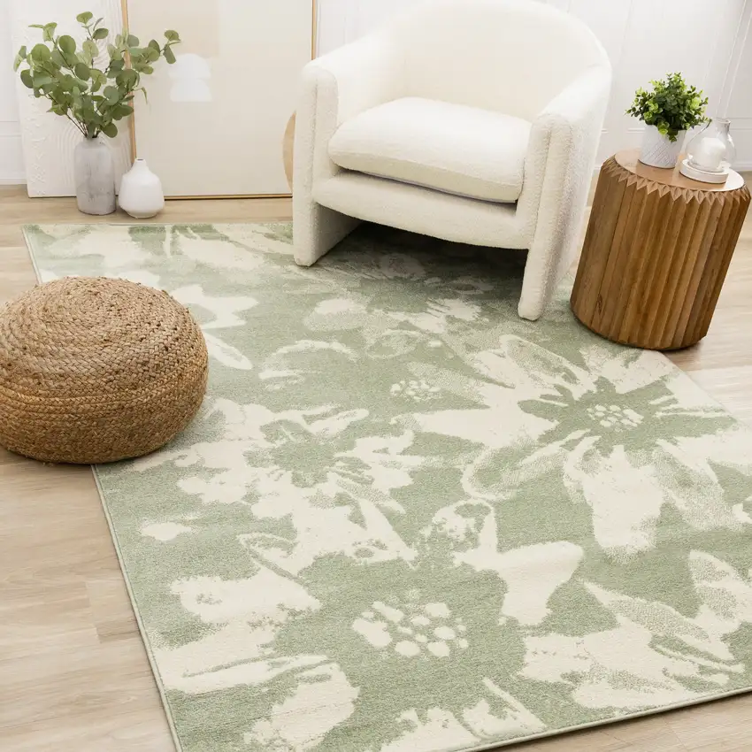 Green And Cream Botanical Leaves Area Rug Photo 6