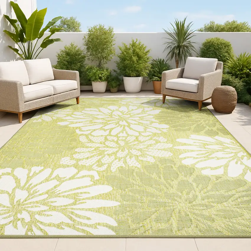 Green And Cream Floral Indoor Outdoor Area Rug Photo 4