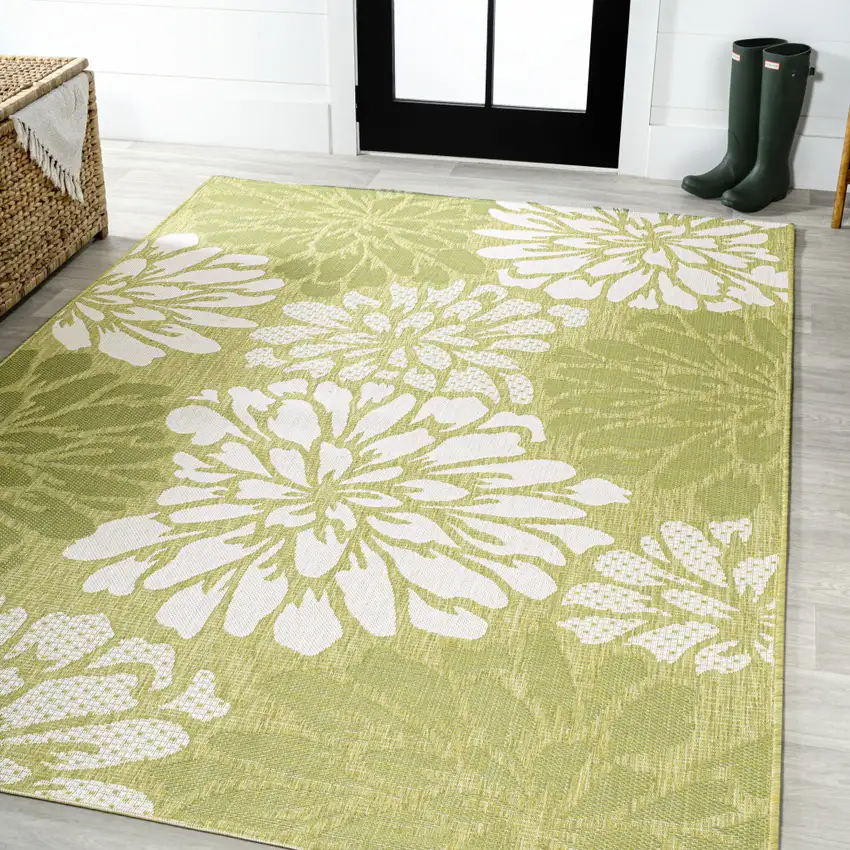 Green And Cream Floral Indoor Outdoor Area Rug Photo 5