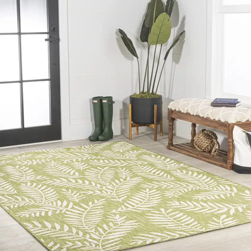 Green And Cream Floral Indoor Outdoor Area Rug Photo 8