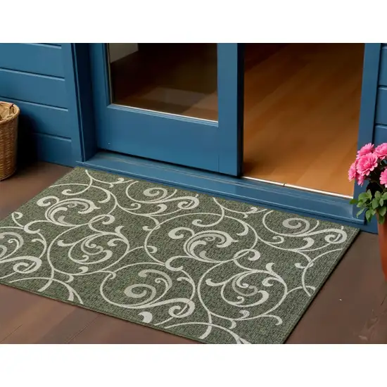 Green And Cream Floral Indoor Outdoor Area Rug Photo 1