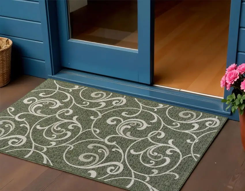 Green And Cream Floral Indoor Outdoor Area Rug Photo 1