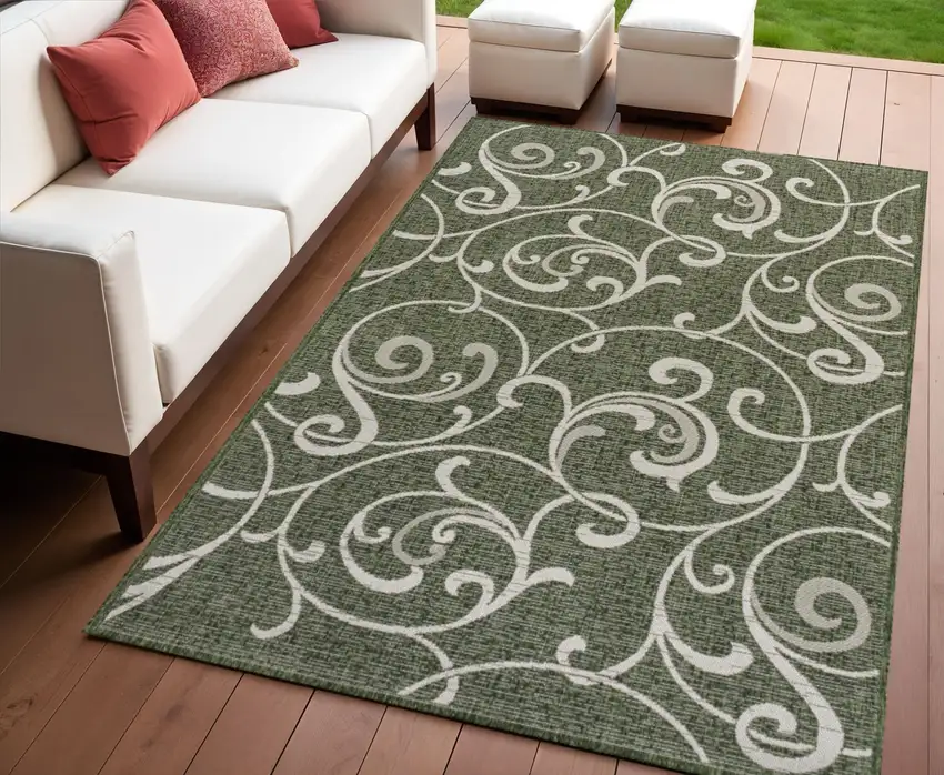 Green And Cream Floral Indoor Outdoor Area Rug Photo 1
