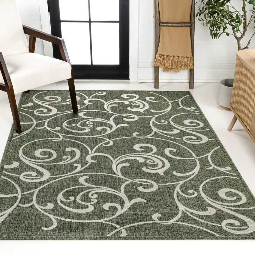Green And Cream Floral Indoor Outdoor Area Rug Photo 7