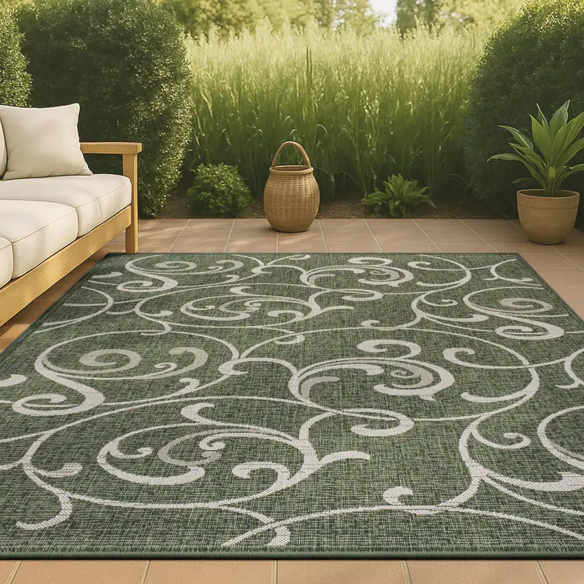 Green And Cream Floral Indoor Outdoor Area Rug Photo 4