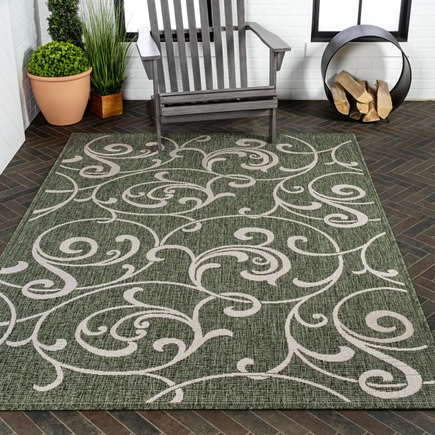 Green And Cream Floral Indoor Outdoor Area Rug Photo 9