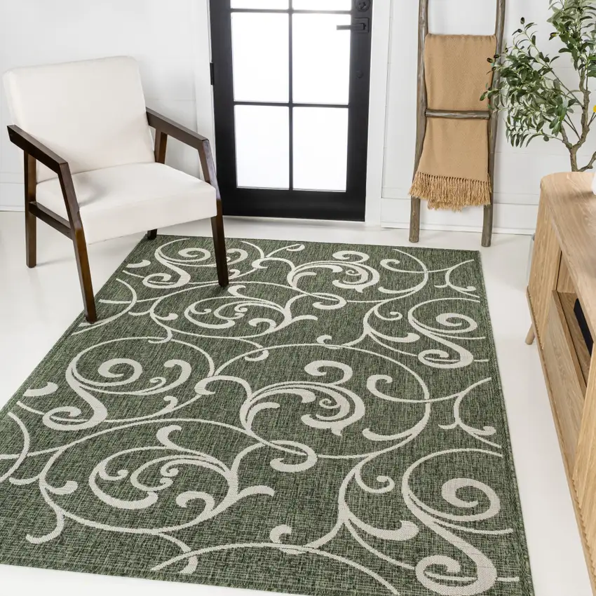 Green And Cream Floral Indoor Outdoor Area Rug Photo 5