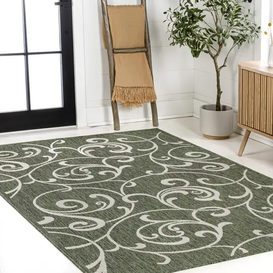 Green And Cream Floral Indoor Outdoor Area Rug Photo 8