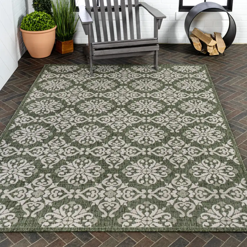 Green And Cream Floral Indoor Outdoor Area Rug Photo 9