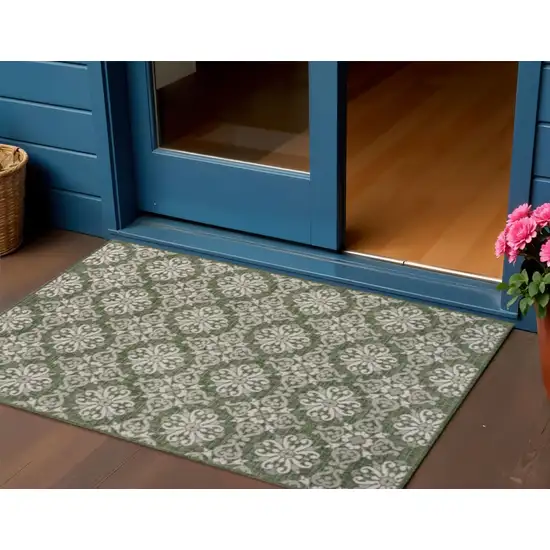 Green And Cream Floral Indoor Outdoor Area Rug Photo 1