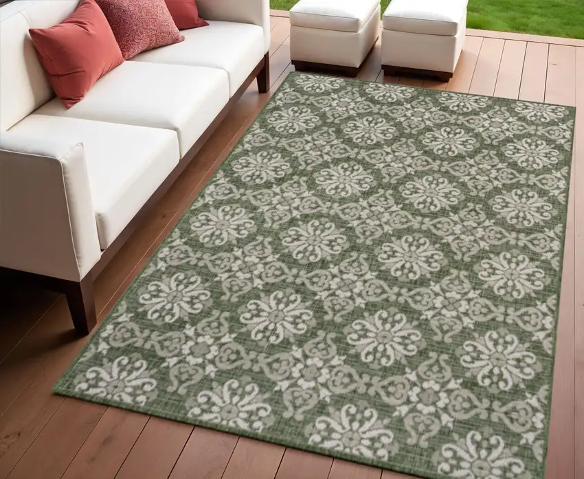 Green And Cream Floral Indoor Outdoor Area Rug Photo 1