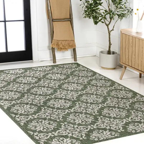 Green And Cream Floral Indoor Outdoor Area Rug Photo 8