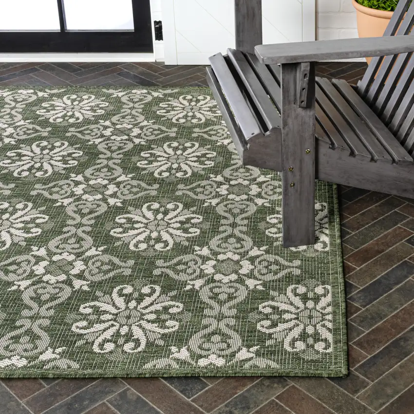 Green And Cream Floral Indoor Outdoor Area Rug Photo 9