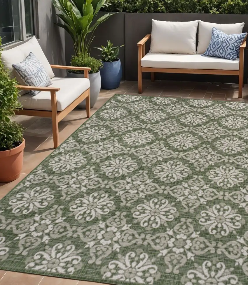 Green And Cream Floral Indoor Outdoor Area Rug Photo 1