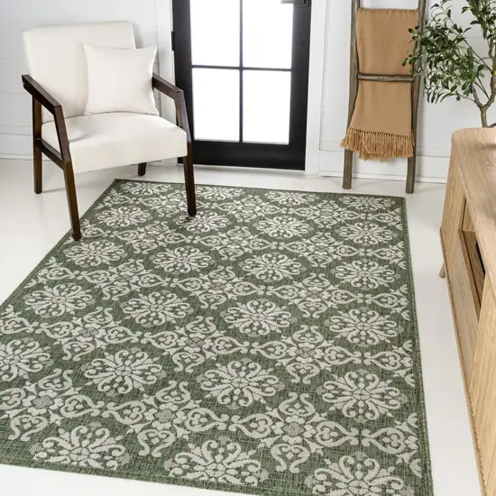 Green And Cream Floral Indoor Outdoor Area Rug Photo 5