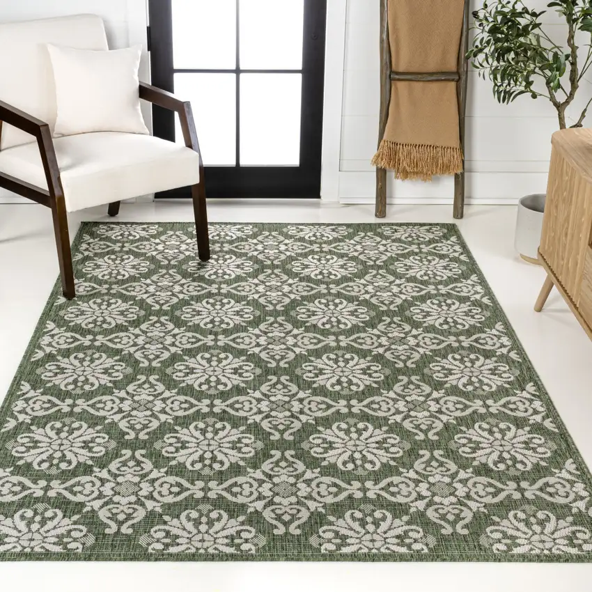 Green And Cream Floral Indoor Outdoor Area Rug Photo 7