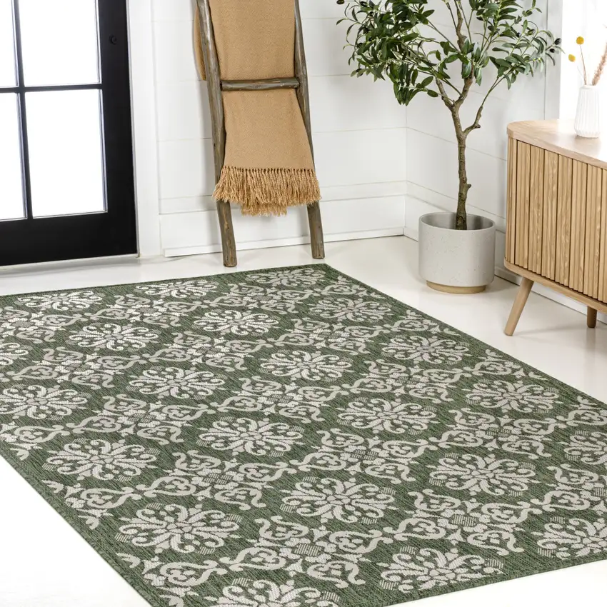 Green And Cream Floral Indoor Outdoor Area Rug Photo 8