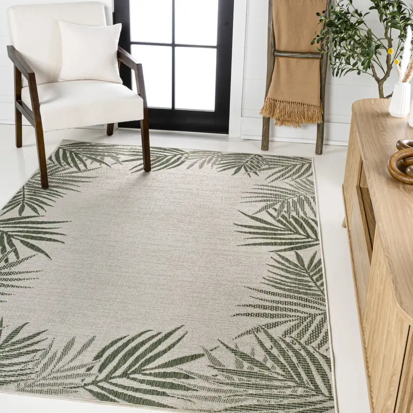 Green And Cream Floral Indoor Outdoor Area Rug Photo 5
