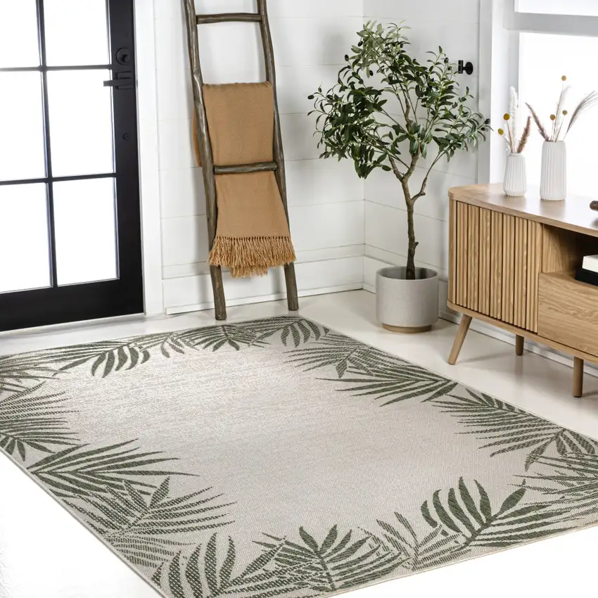Green And Cream Floral Indoor Outdoor Area Rug Photo 8