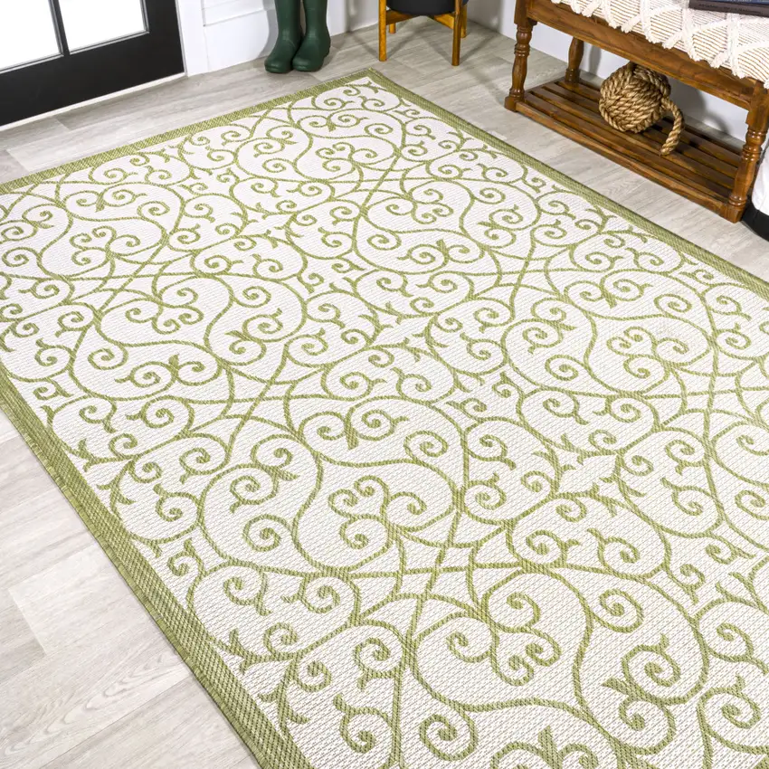 Green And Cream Geometric Indoor Outdoor Area Rug Photo 8