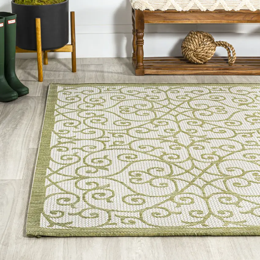 Green And Cream Geometric Indoor Outdoor Area Rug Photo 6