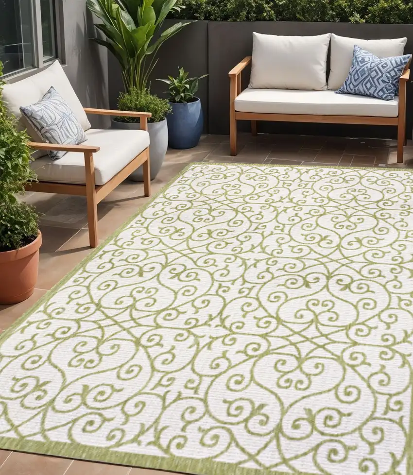 Green And Cream Geometric Indoor Outdoor Area Rug Photo 1