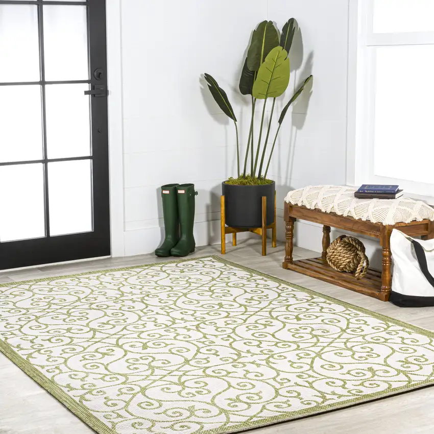 Green And Cream Geometric Indoor Outdoor Area Rug Photo 8