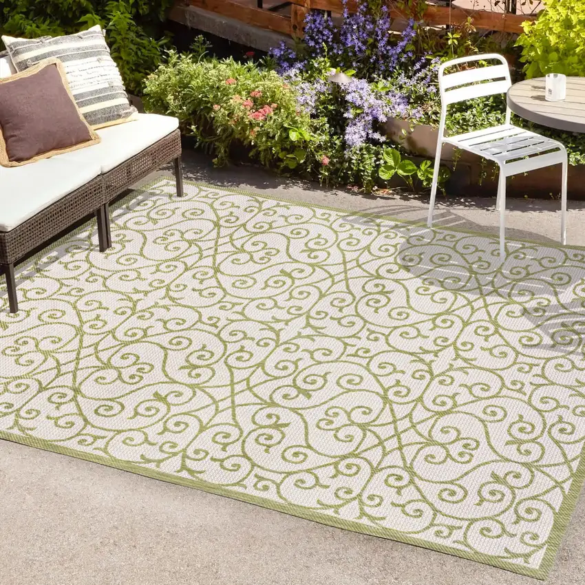 Green And Cream Geometric Indoor Outdoor Area Rug Photo 9