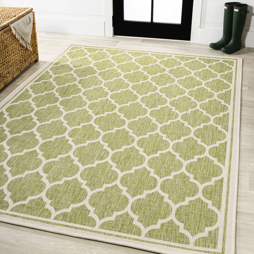 Green And Cream Geometric Indoor Outdoor Area Rug Photo 5