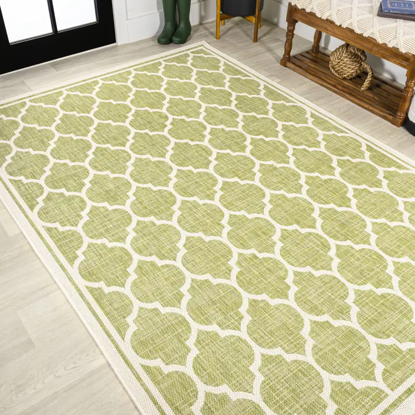 Green And Cream Geometric Indoor Outdoor Area Rug Photo 7