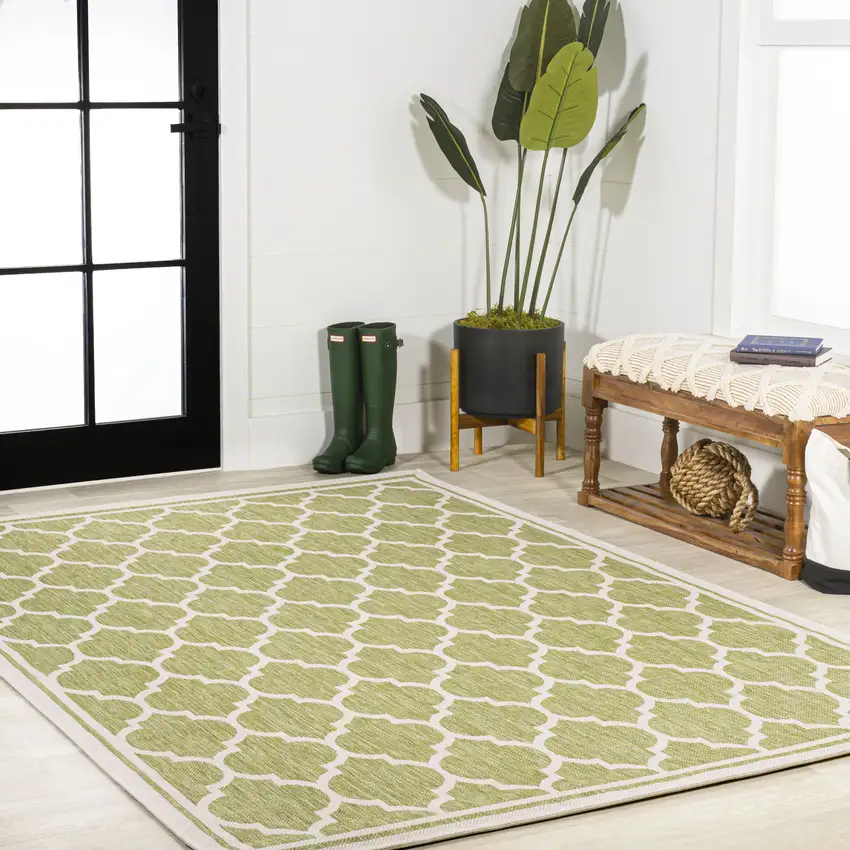 Green And Cream Geometric Indoor Outdoor Area Rug Photo 8