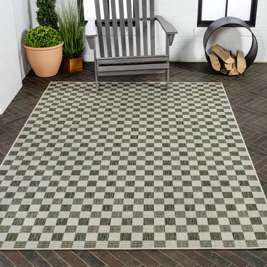 Green And Cream Geometric Indoor Outdoor Area Rug Photo 9
