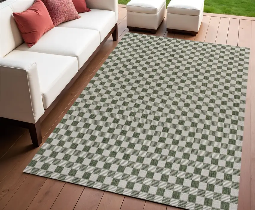 Green And Cream Geometric Indoor Outdoor Area Rug Photo 1