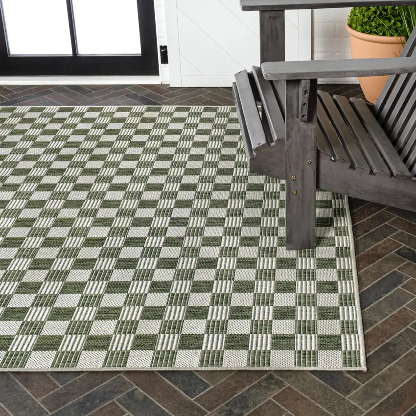 Green And Cream Geometric Indoor Outdoor Area Rug Photo 9