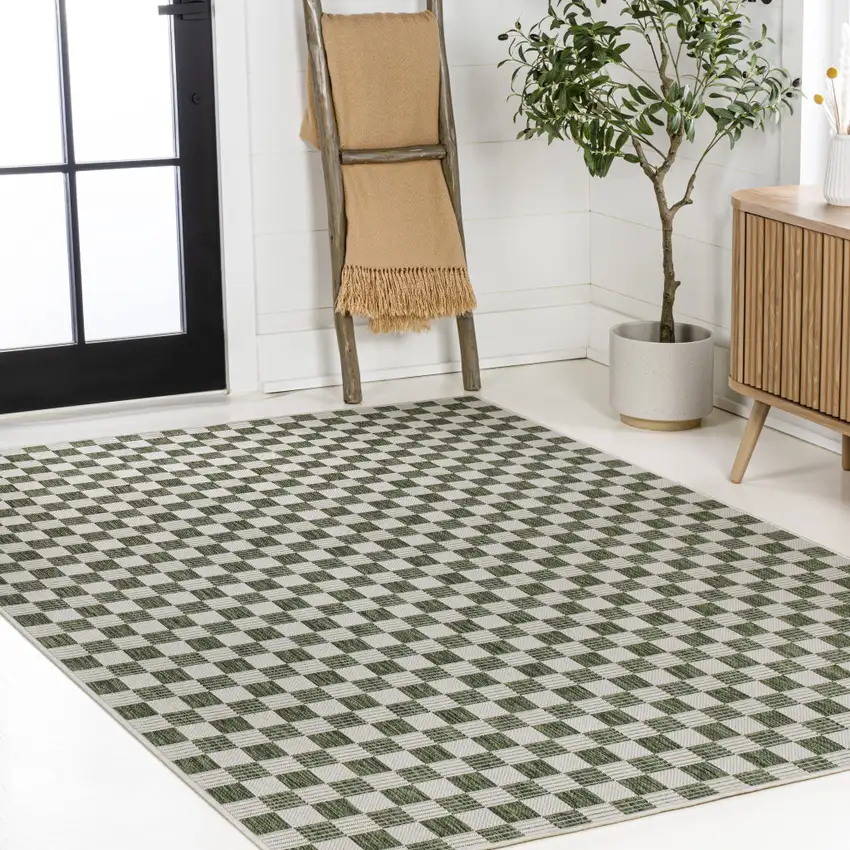 Green And Cream Geometric Indoor Outdoor Area Rug Photo 8