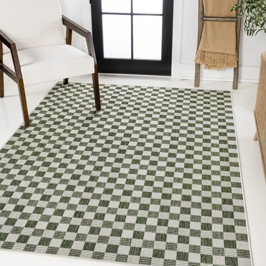Green And Cream Geometric Indoor Outdoor Area Rug Photo 5