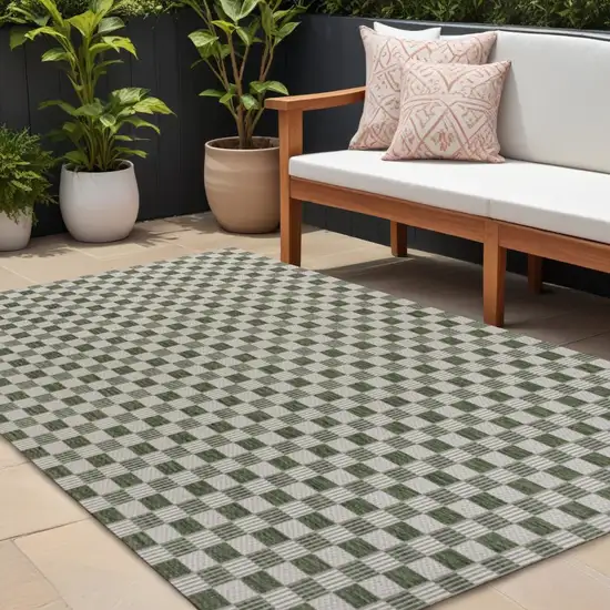 Green And Cream Geometric Indoor Outdoor Area Rug Photo 1