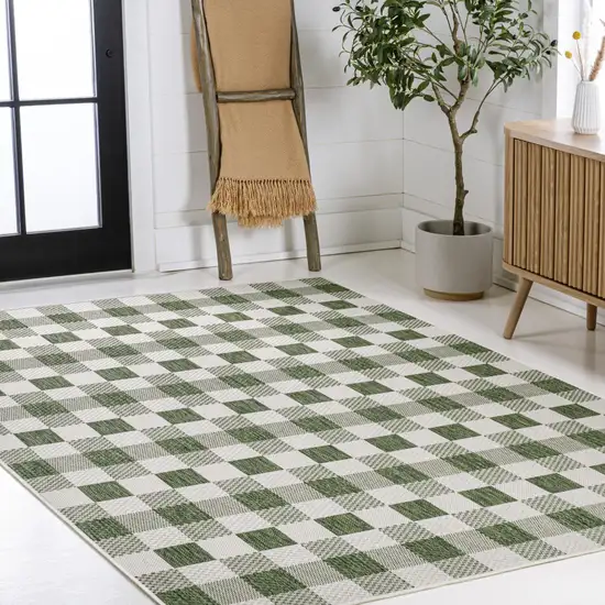 Green And Cream Geometric Indoor Outdoor Area Rug Photo 8