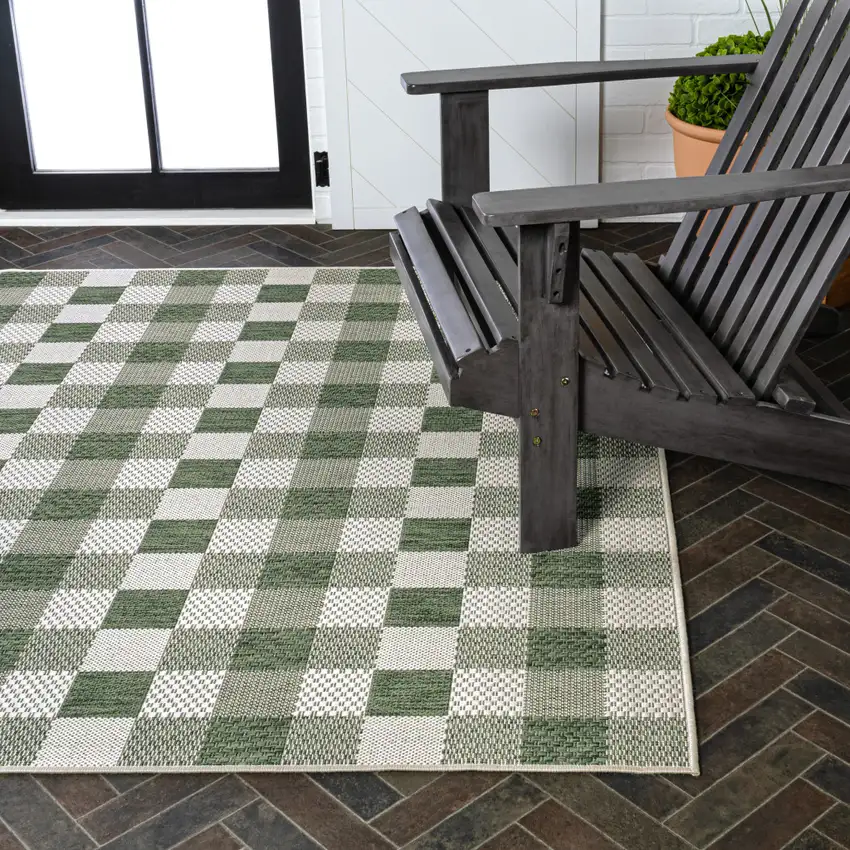 Green And Cream Geometric Indoor Outdoor Area Rug Photo 9