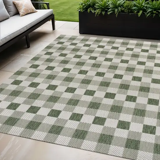 Green And Cream Geometric Indoor Outdoor Area Rug Photo 1