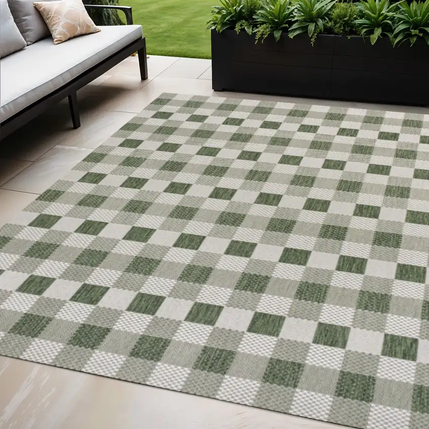 Green And Cream Geometric Indoor Outdoor Area Rug Photo 1