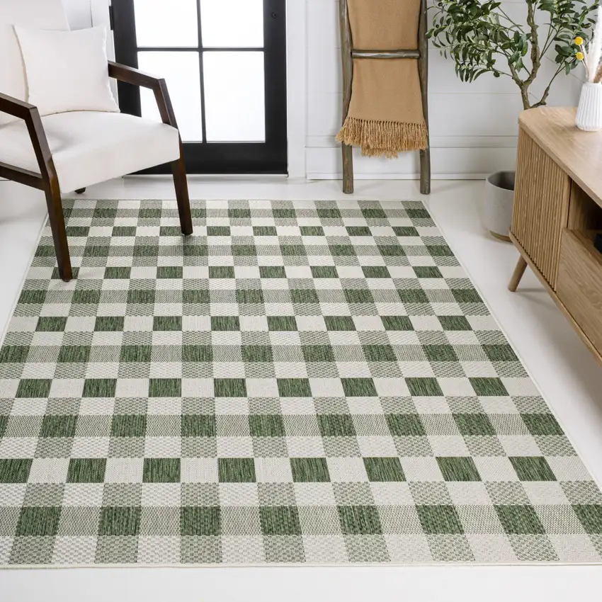 Green And Cream Geometric Indoor Outdoor Area Rug Photo 7