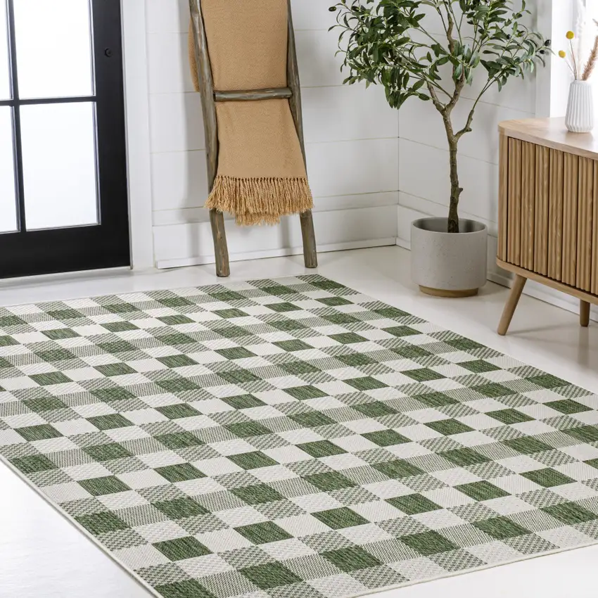 Green And Cream Geometric Indoor Outdoor Area Rug Photo 8