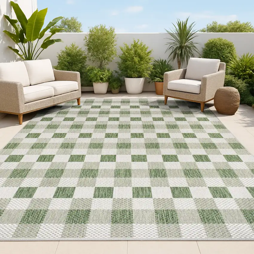 Green And Cream Geometric Indoor Outdoor Area Rug Photo 4