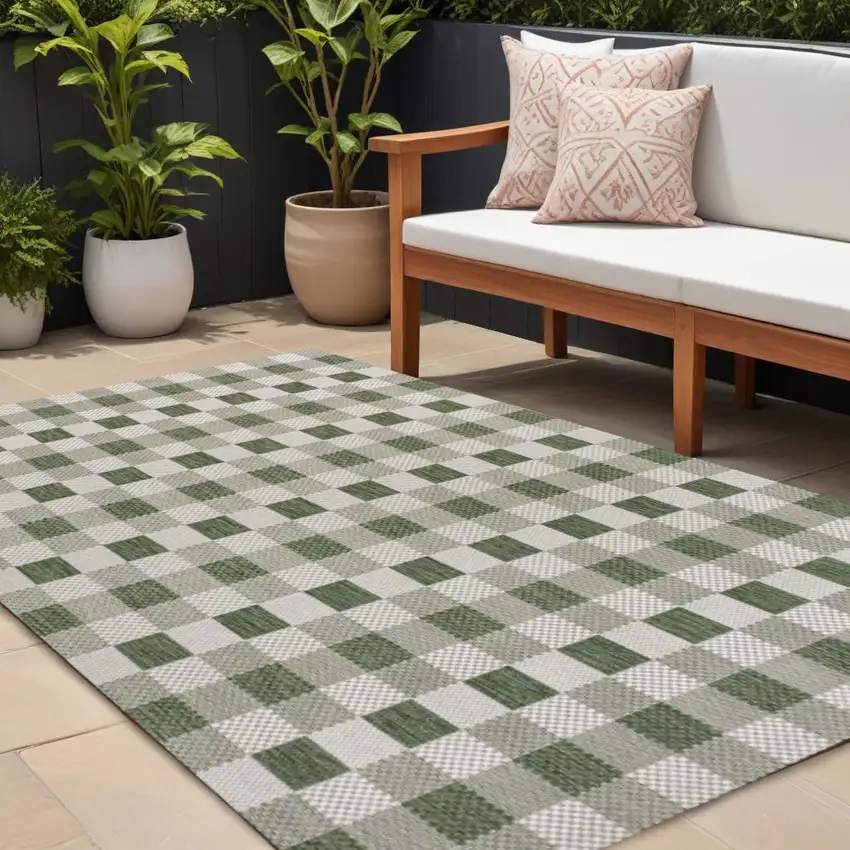 Green And Cream Geometric Indoor Outdoor Area Rug Photo 1