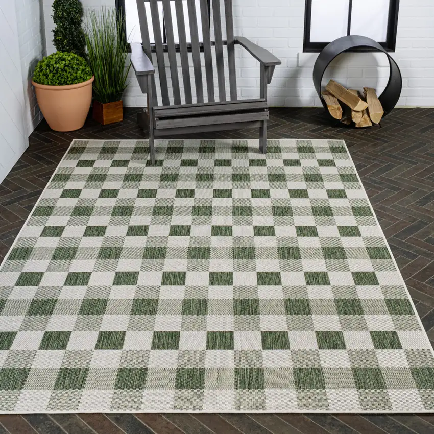 Green And Cream Geometric Indoor Outdoor Area Rug Photo 9