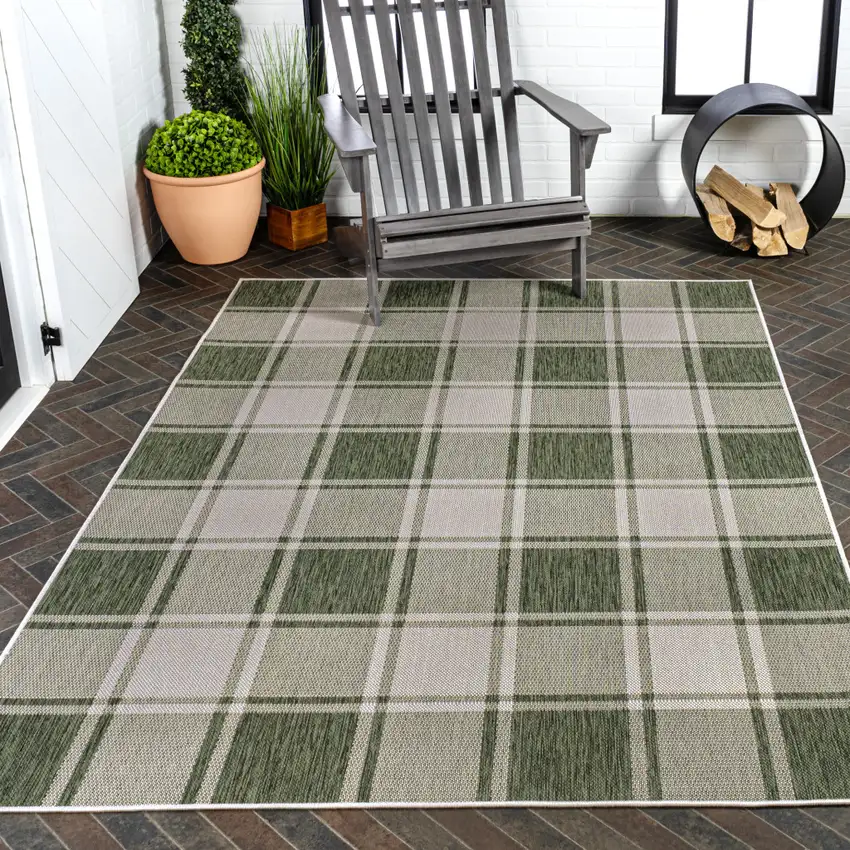 Green And Cream Gingham Indoor Outdoor Area Rug Photo 8