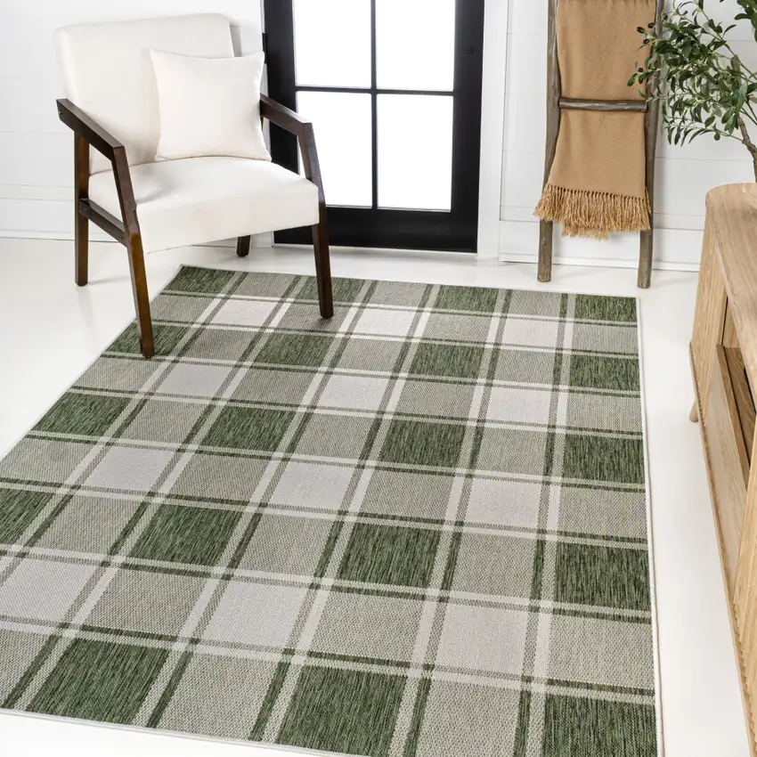 Green And Cream Gingham Indoor Outdoor Area Rug Photo 3